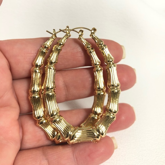 14k Gold Filled Oval Bamboo Hoop Earrings - Picture 2 of 5